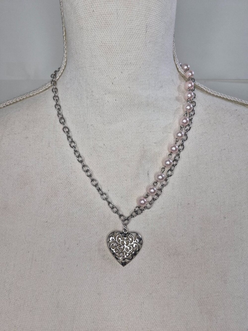 Paparazzi Forever In My Heart Faux Pearl Pink Silver Antiqued Heart Necklace Set